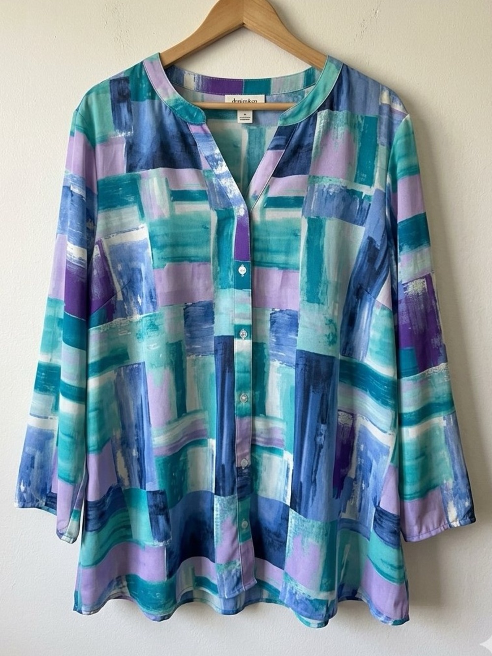 Denim & Co. Abstract Print Button Front Blouse 3X Boho Geometric Elastic Cuff